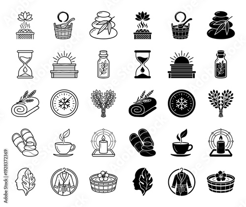 Wellness and Sauna Spa Icon Set Featuring Hybrid Symbols Merging Natural Elements with Therapy Tools in Minimalist Linear and Solid Black Styles