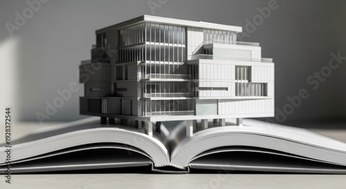 Architectural model displayed on an open book concept of education and design
