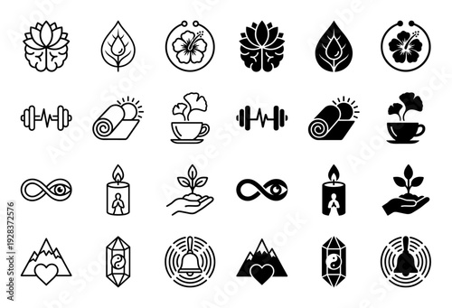 Mindfulness and holistic wellness icon set featuring hybrid symbols merging nature with spiritual elements in outline and solid glyph styles
