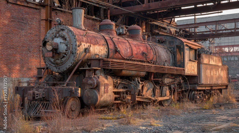 Naklejka premium Historic locomotive resting beside a weathered brick engine shed