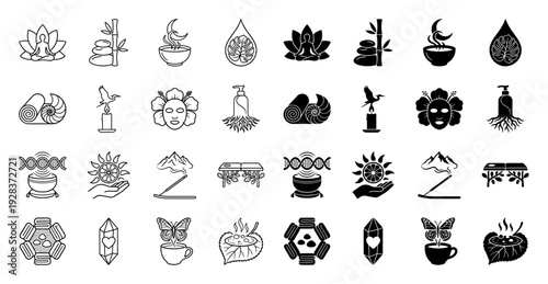 Wellness and holistic therapy icon set featuring hybrid symbolic fusions of nature and spirituality in both outline and solid glyph styles