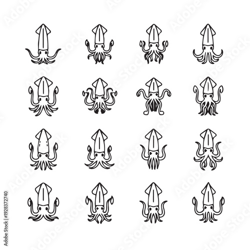 Collection of stylized squid icons with tentacles spread vector graphic illustration
