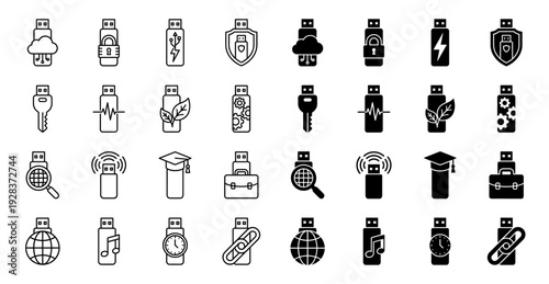 Set of hybrid flash drive icons merging storage devices with cloud security nature music and education symbols in outline and solid styles