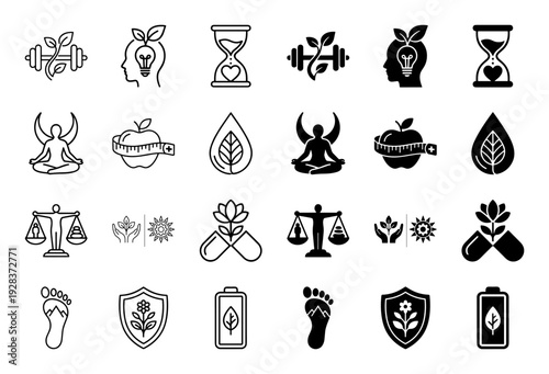 Collection of holistic wellness and biohacking icons featuring hybrid metaphors for mental health physical fitness nutrition and spiritual balance