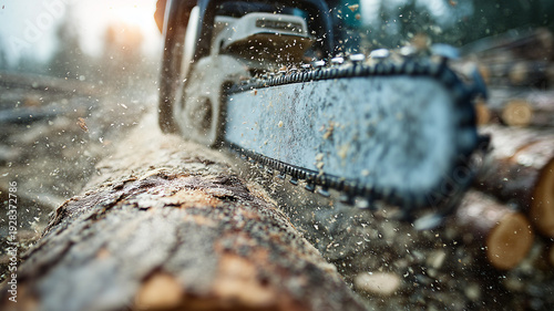 Close-up of chainsaw blade slicing through fresh timber, wood chips flying in the air, high-speed action capture. Ai generated