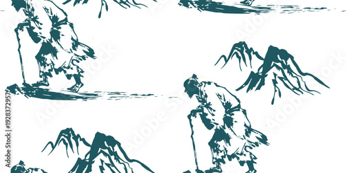 old man in the mountains japanese chinese seamless vector pattern ink design 