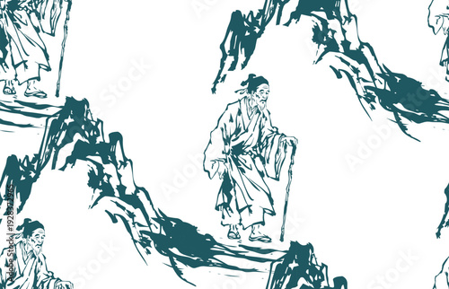 old man in the mountains japanese chinese seamless vector pattern ink design 
