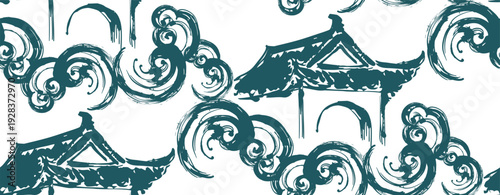 pagoda roof clouds alcove japanese chinese seamless vector pattern ink design 