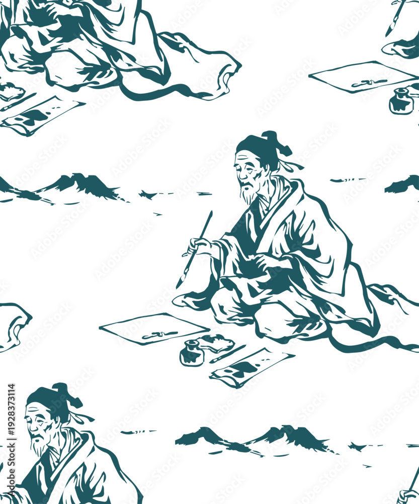 Obraz premium old man calligraphy japanese chinese seamless vector pattern ink design 