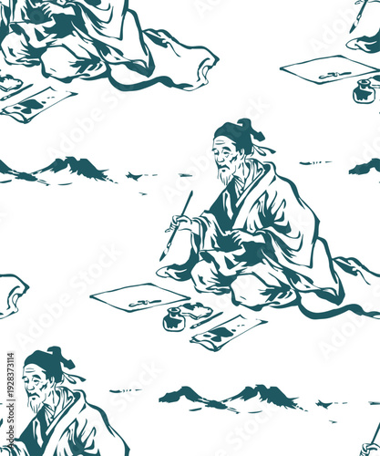 old man calligraphy japanese chinese seamless vector pattern ink design 