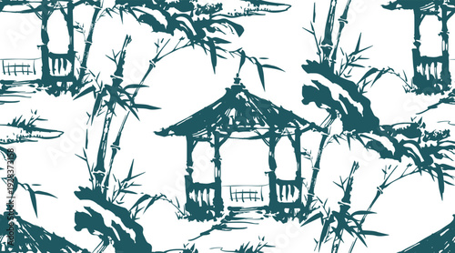 pagoda roof bamboo alcove japanese chinese seamless vector pattern ink design 