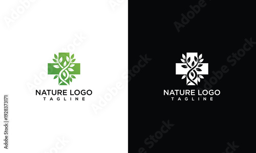 Natural Health Medical Logo with DNA Plant Cross  Organic Pharmacy Wellness Design.