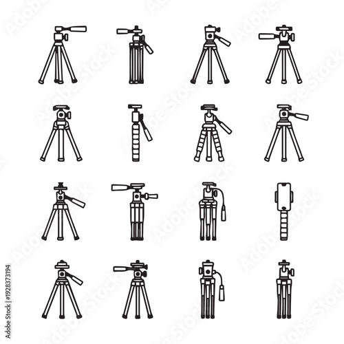Collection of Camera Tripod Icons in Outline Style on White Background