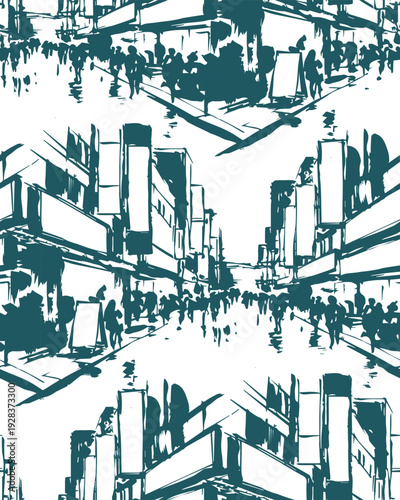 Tokio city street japanese chinese seamless vector pattern ink design 