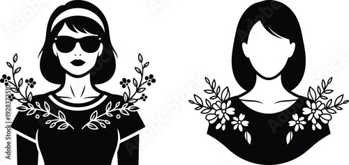Stylized black silhouette illustrations of women with floral shoulder accents, one wearing sunglasses and a headband, exuding modern style.