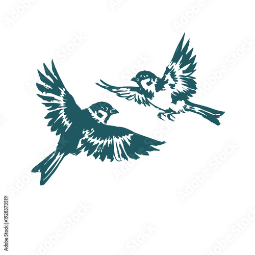 sparrows little birds japanese chinese vector ink traditional asian design isolated