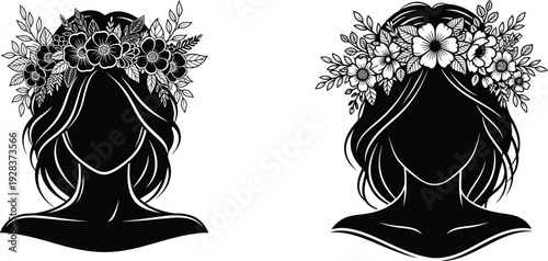 Silhouettes of women's heads with intricately detailed floral crowns and flowing hair, symbolizing beauty, nature, and femininity.