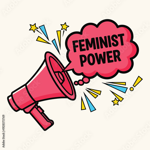 Megaphone Announcing 'Feminist Power' with Stars and Explosions, Bold Graphic Message