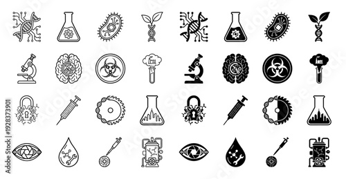 Collection of hybrid biotechnology and synthetic biology icons merging genetic DNA structures with mechanical industrial gear and laboratory equipment elements