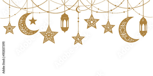 Golden ornamental border with hanging crescent moons, stars, and lanterns on a white background, perfect for Islamic holiday designs.