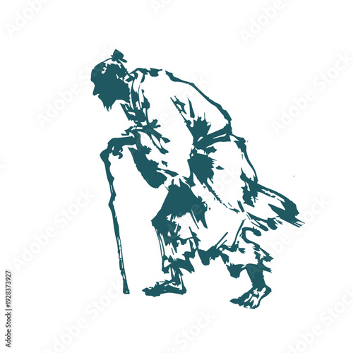 an old man with a cane japanese chinese vector ink traditional asian design isolated