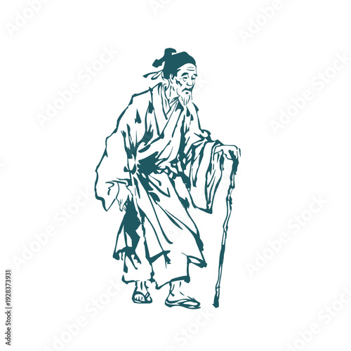 an old man with a cane japanese chinese vector ink traditional asian design isolated