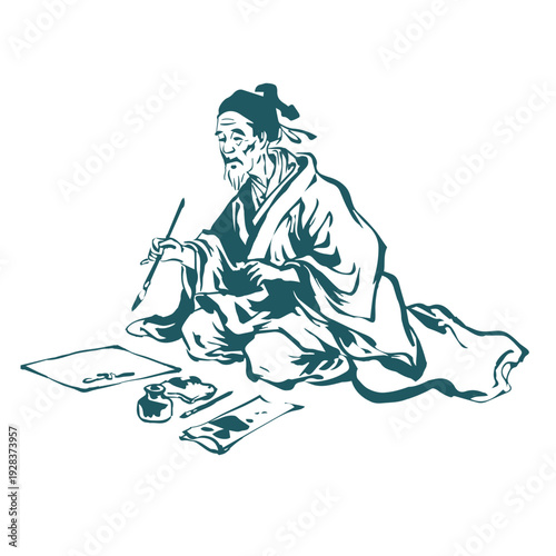 old man calligraphy japanese chinese vector ink traditional asian design isolated