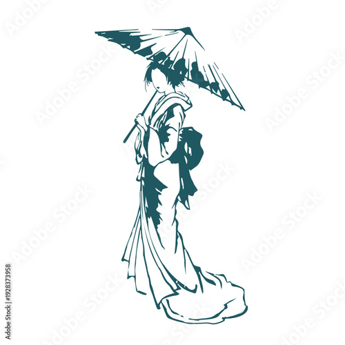 umbrella traditional dress woman japanese chinese vector ink traditional asian design isolated