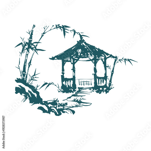 pagoda roof bamboo alcove japanese chinese vector ink traditional asian design isolated