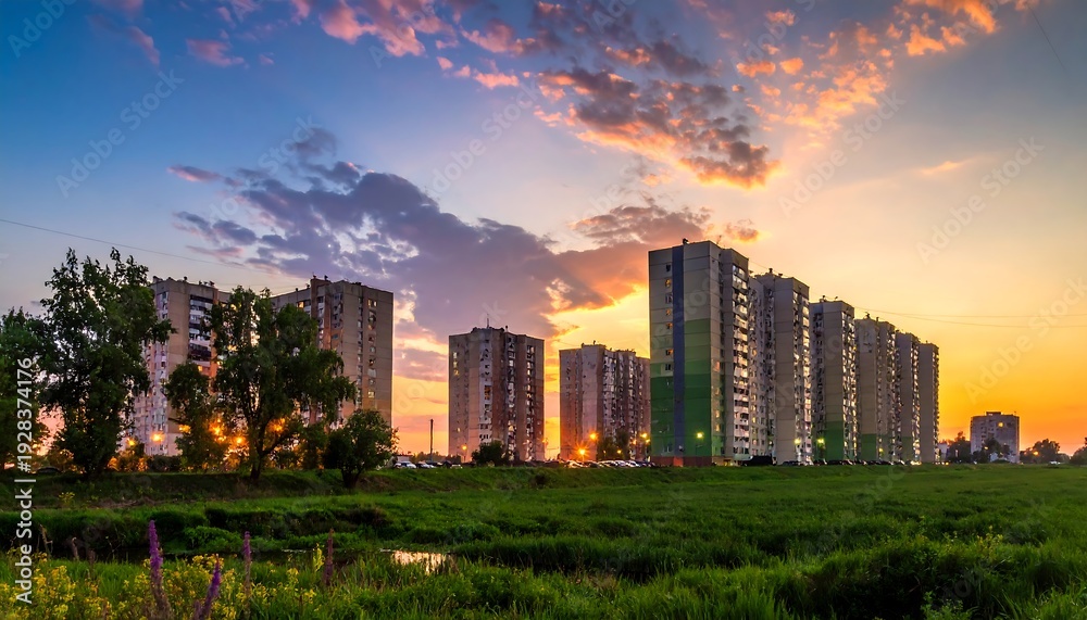 Obraz premium Urban skyline at sunset - Modern buildings against a vibrant sky.