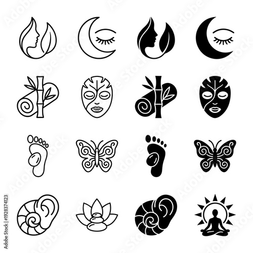 Collection of holistic wellness and organic spa symbols featuring hybrid designs like leaf profiles moon eyes and bamboo massage stone icons