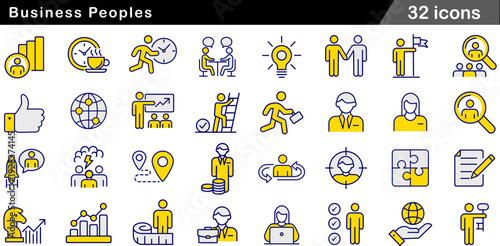 32 Business Peoples Set Dynamic Professionals Climbing Ladders, Leading Teams and Working Laptops in Dual Tone Yellow and Blue Line Art