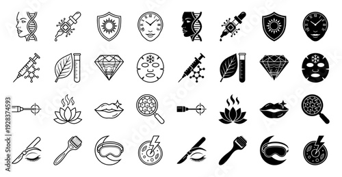 Professional dermatology and high tech skincare icon set featuring hybrid concepts like DNA facial profiles and circuit board medicine droppers