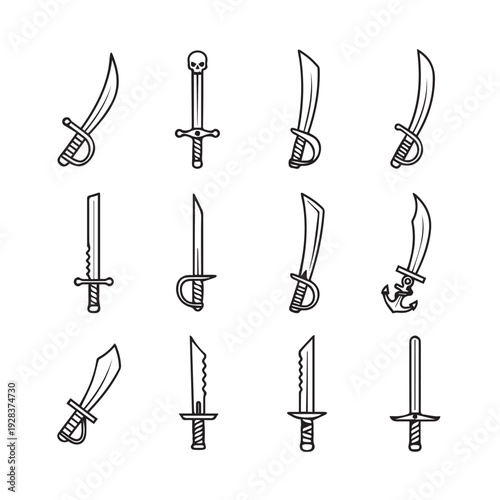 Collection of Pirate Swords and Cutlasses with Unique Designs and Details