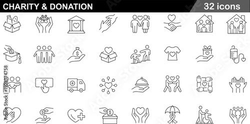 32 Charity and Donation Icons Set Hands Holding Heart, Donation Box, Food Supply and Humanitarian Aid Symbols in Thin Line Style