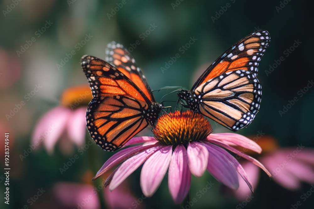 Obraz premium Gentle garden scene with monarchs sipping nectar from a pink coneflower