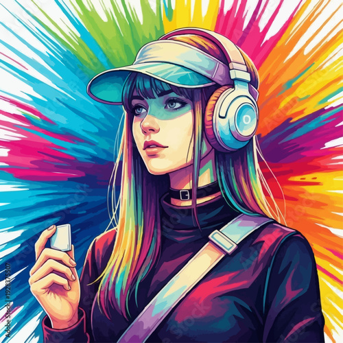 Stylish young woman with headphones and cap on vibrant multi-color splash background: Design for music streaming app covers, youth lifestyle magazines, or gaming community banners. EPS version.
