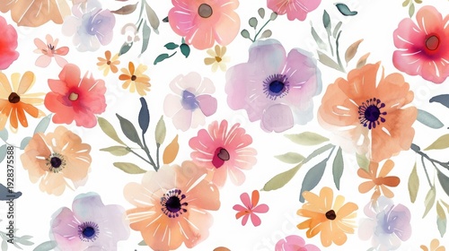 Watercolor Boho Flowers with pastel Colors, seamless,