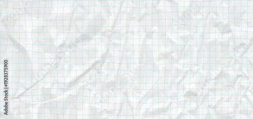 White vintage notebook paper background featuring square blue color graph grid. Crumpled texture for education or school theme design. Vector illustration with collage bg template.