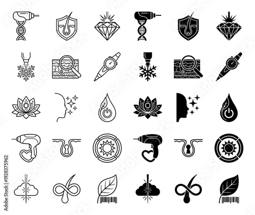 Professional dermatology and cosmetic laser icons featuring hybrid symbols of hair follicles DNA structures skin cells and medical aesthetic technology