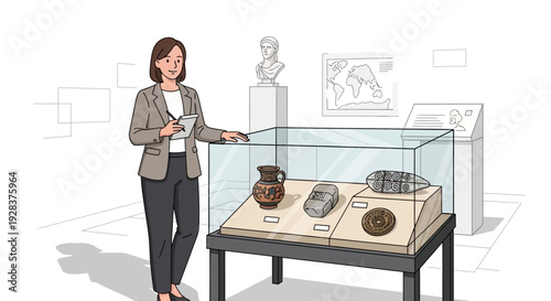Curator presenting ancient artifacts in modern museum exhibit