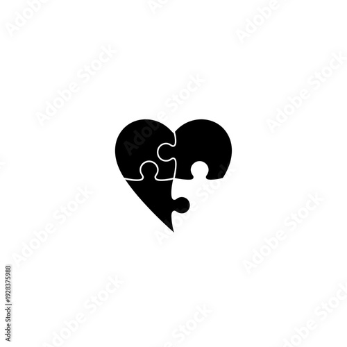 Black puzzle heart symbol representing connection and relationships on white backdrop