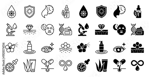 Skincare and Cosmetology Hybrid Icon Set Featuring Molecular Science Botanical Extracts and Dermatological Treatment Symbols in Outline and Solid Styles