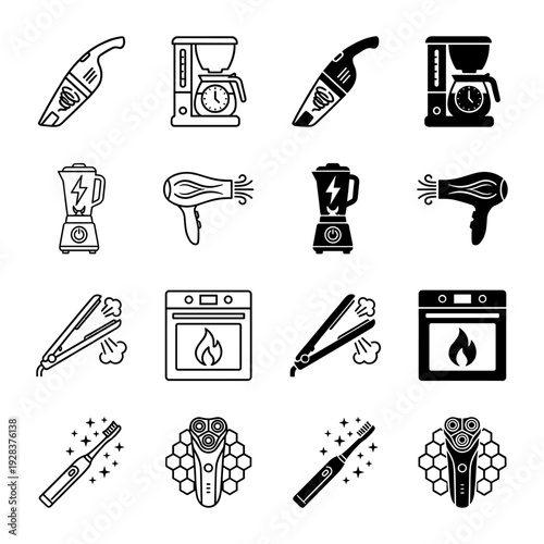 Household appliance icon set featuring hybrid symbols merging electric power and time metaphors in linear and solid black glyph design styles