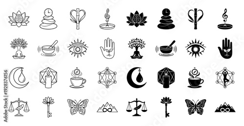 Collection of holistic wellness and spiritual hybrid icons featuring brain lotus flower tree person meditation and celestial symmetry in line and solid style
