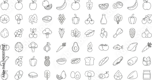 Diverse Collection of Healthy Food Outline Icons: Fruits, Vegetables, Meat, Dairy, and Grains in Minimalist Line Art Style for Nutrition and Wellness Design