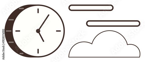 Time management, weather forecast, scheduling, cloud storage, climate apps, symbolism. A clock alongside a cloud and horizontal lines. Time management and weather forecast concept