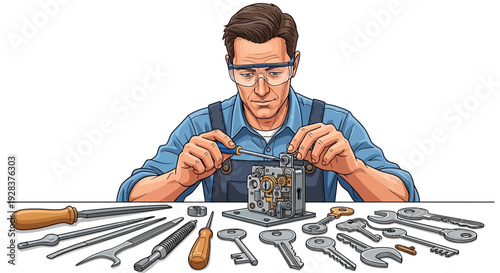 Mechanic repairing lock with tools on workbench in workshop