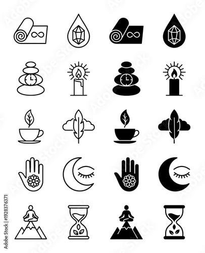 Mindful meditation and wellness hybrid icon set featuring balanced stones with clock candle light yoga mat infinity symbol and mountain zen peak