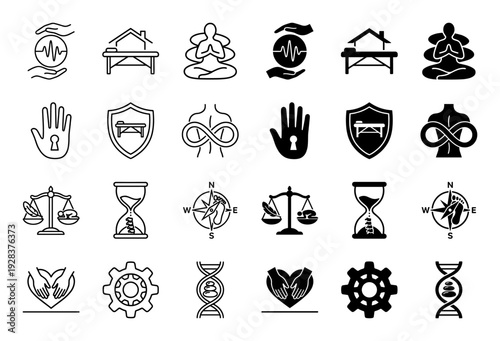 Holistic Therapy and Chiropractic Medicine Icon Set Featuring Hybrid Symbols for Spinal Health Wellness Longevity and Physical Rehabilitation